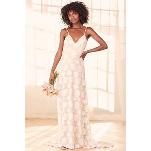 Lulus Vision to Behold beige and white lace maxi dress
